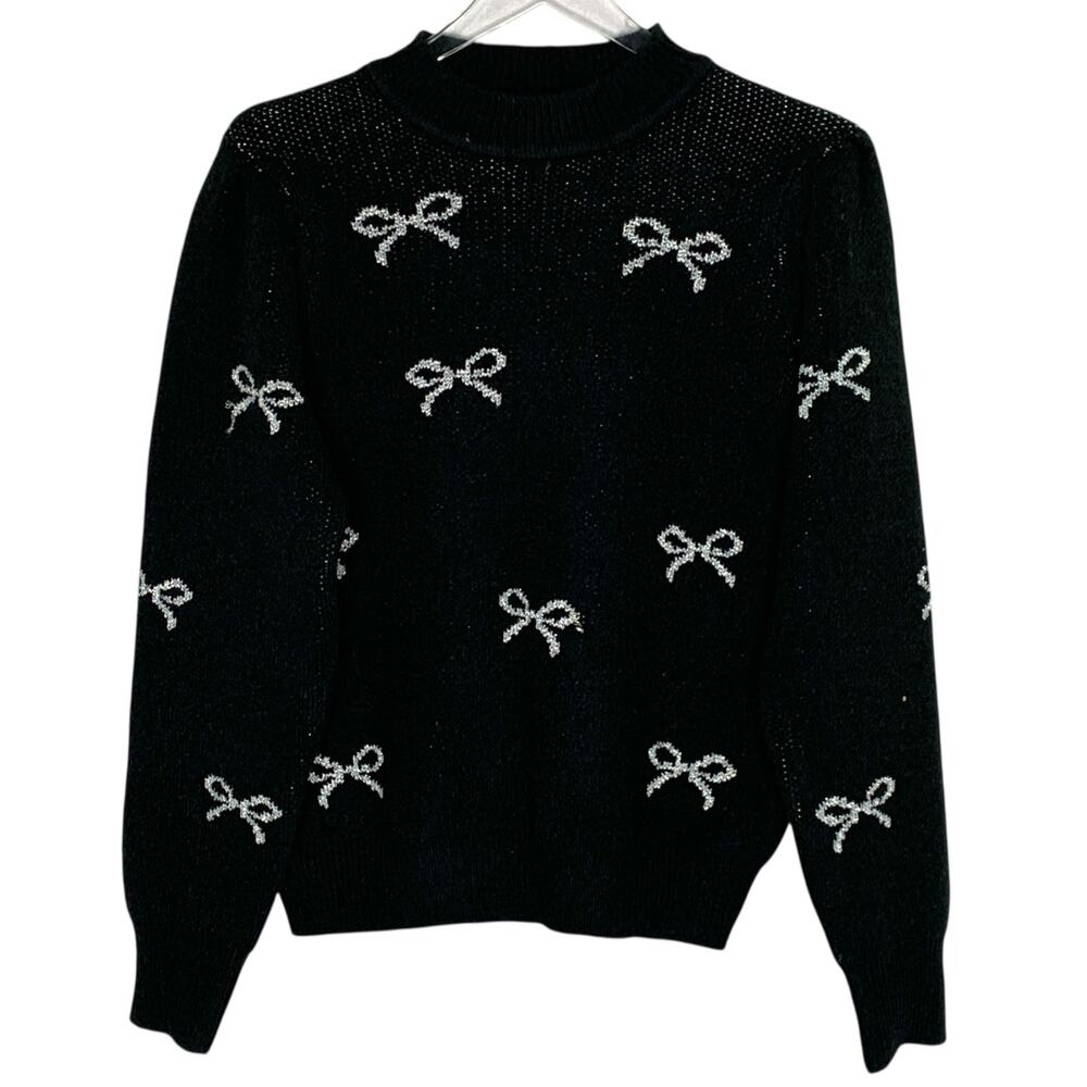Nanette Lepore M Bows Sweater Womens Black Pullover Metallic Girlie Coquette